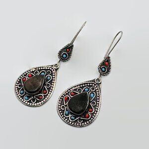 Vintage Kuchi Afghan Earrings, Black, Stone Inlay, Boho Tribal Jewelry